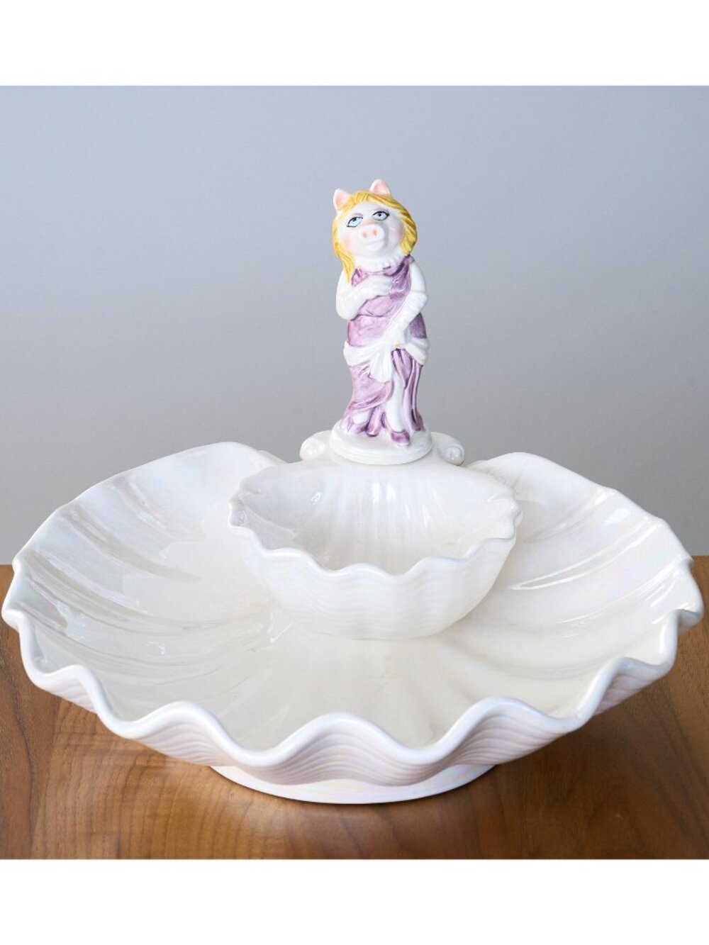 RARE Miss Piggy Muppets Chip & Dip Bowl Ceramic Iridescent Shell Vintage Sigma